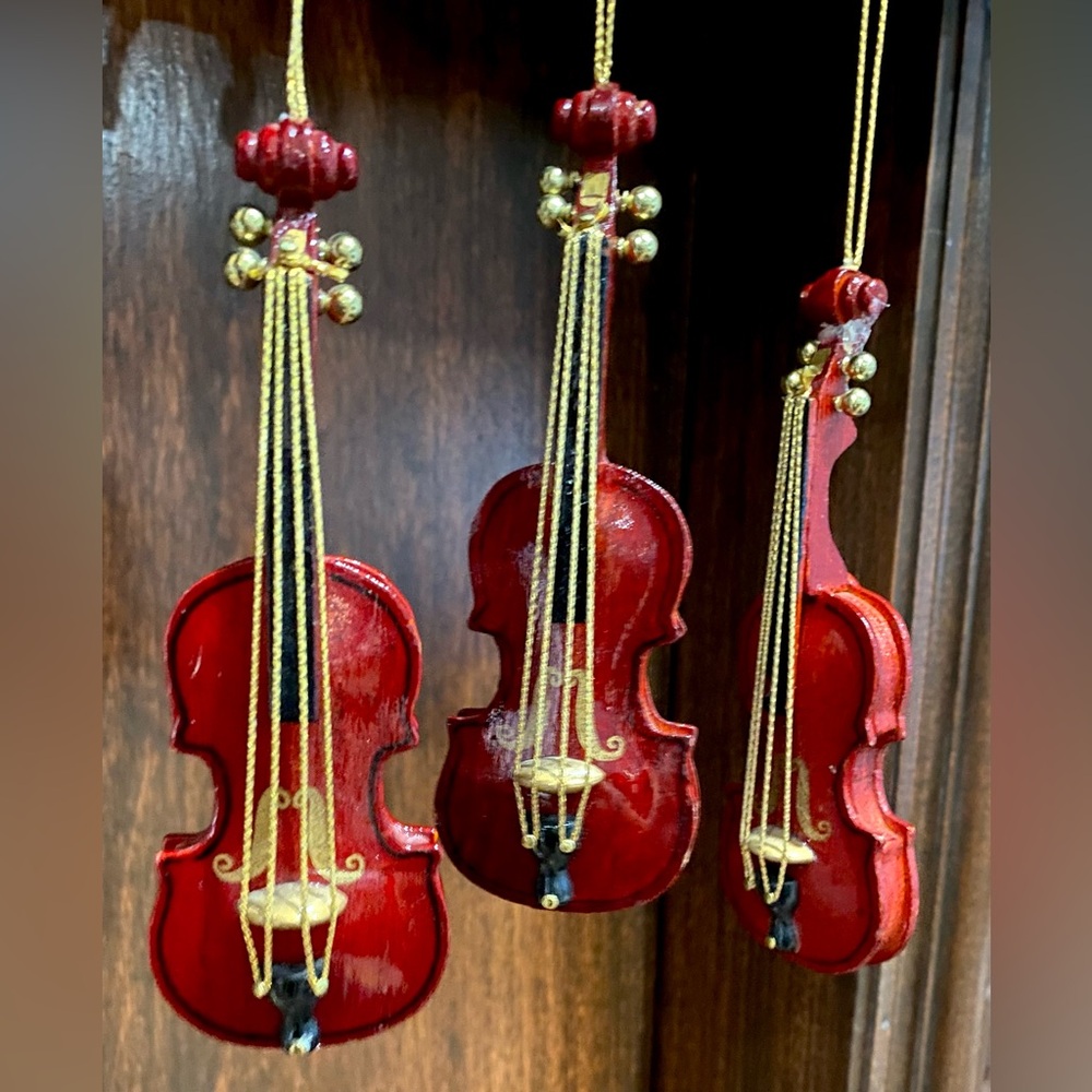 Midwest Vintage Wood Violin Set of 3 Holiday Christmas Ornaments